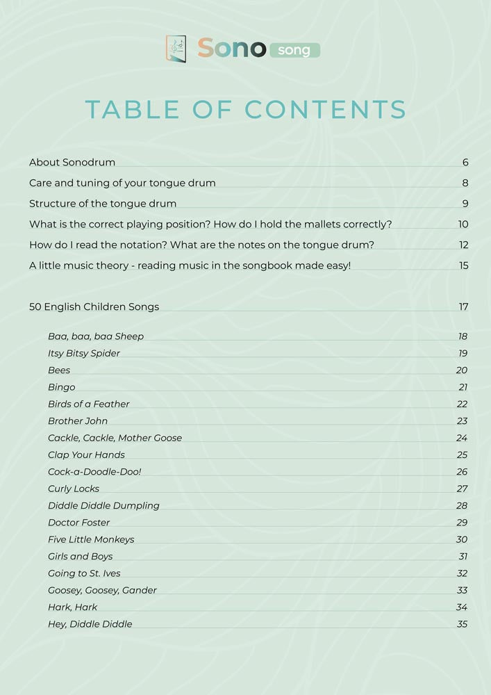 Tongue Drum Music Book - 50 English Children's Songs - For all tongue drums in C major with 8 / 11 / 13 / 14 / 15 tongues - PDF for download