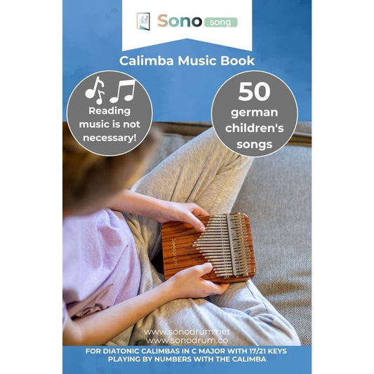 Kalimba songbook featuring 50 German children's songs, perfect for beginners, designed for C major kalimbas with 17/21 keys.