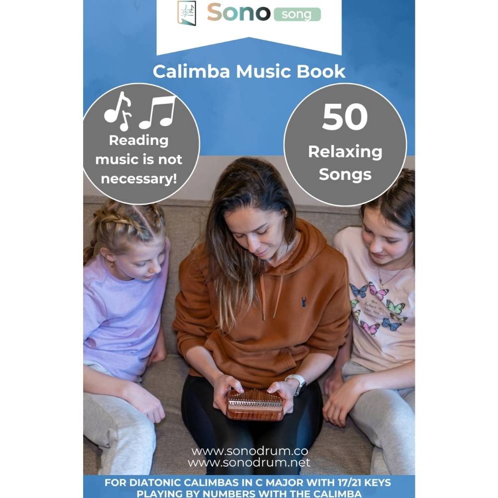 kalimba music book featuring 50 relaxing songs, no sheet music reading skills required, suitable for diatonic kalimbas in C major with 17/21 keys.