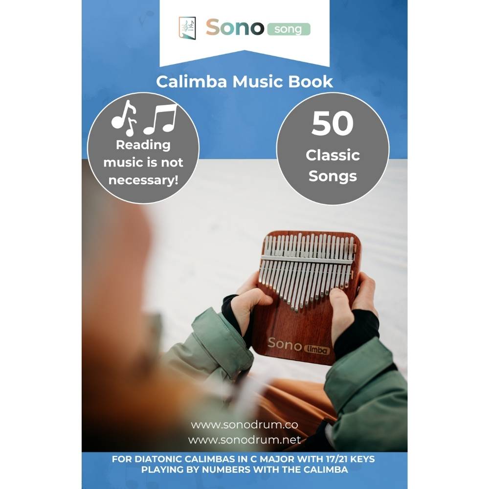 kalimba music book featuring 50 classic songs, ideal for beginners, designed for diatonic kalimbas in C major with 17 or 21 keys.